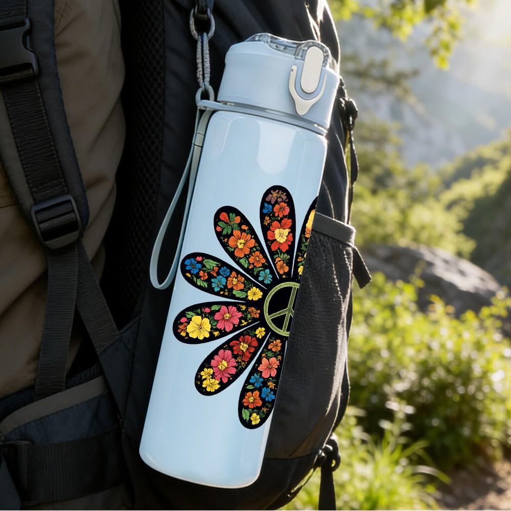 1PC Colorful Mandala Flower 750ml Color Plastic Sports Water Bottle Leakproof Flip Straw Lid Suitable for Sports Office Home Use
