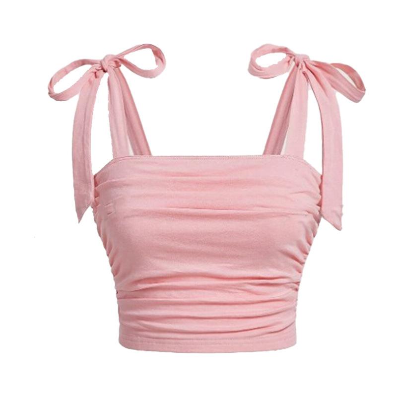 Camisola de mujer con cuello cuadrado sin mangas y tiras de corbata, corte ajustado, estilo callejero, top corto fruncido