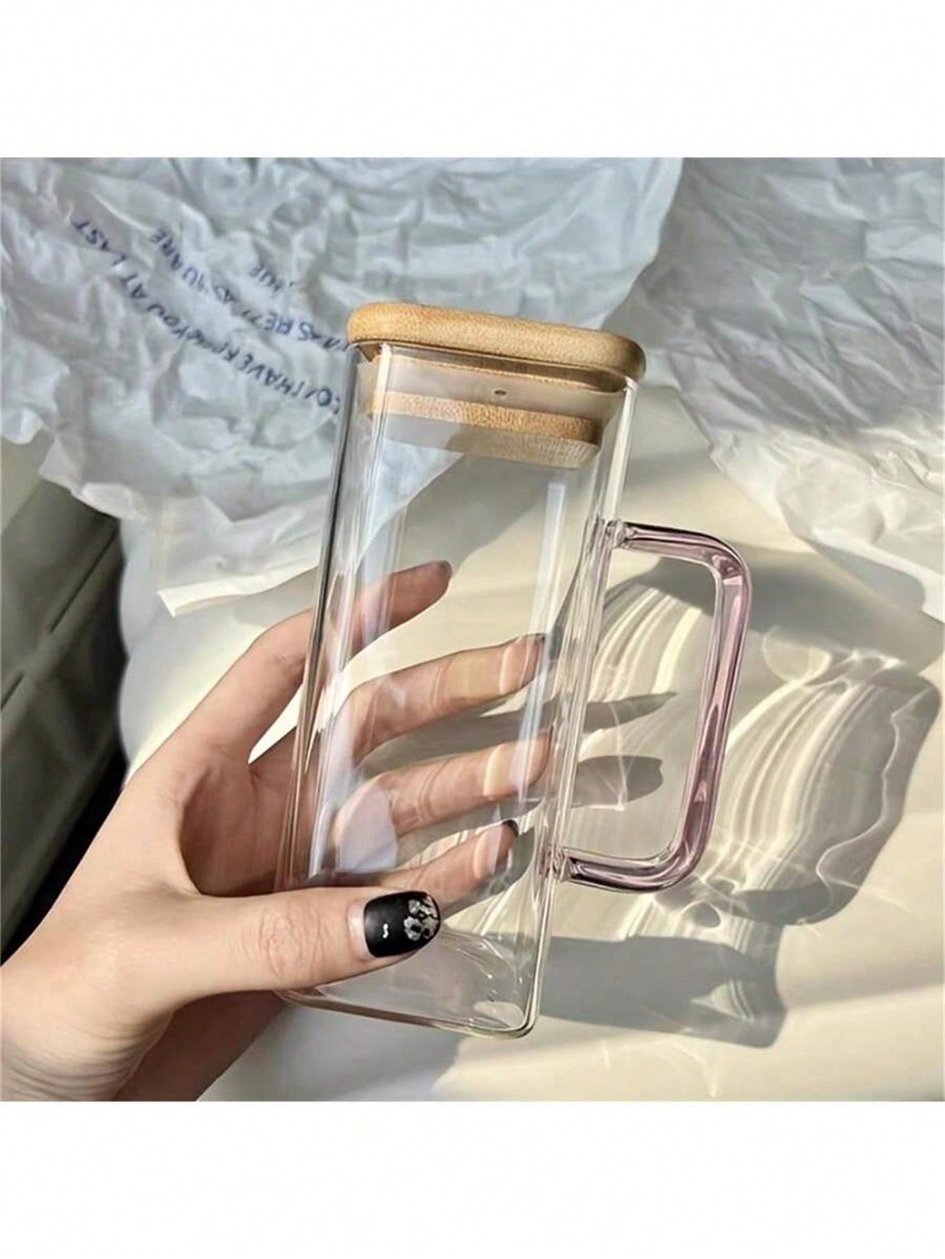 

1 шт. Квадратный стеклянный стакан с бамбуковой оберткой, прозрачный стакан для воды с ручкой, стакан для холодного кофе, сока розовый