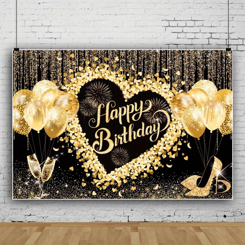 Of Elegant Happy Birthday Anniversary Banner, Hard-wearing Polyester, Gold & Black Theme with Balloons, Stars, Champagne Motif, Perfect for Party,