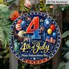 2D Flat, 1pc Round 4th of July Aluminum Hanging Sign, Patriotic Bald Eagle Statue of Liberty Balloon Firework Design, Retro Distressed Patriotic Wall