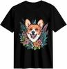 Corgi Dog Floral Art Black T-shirt