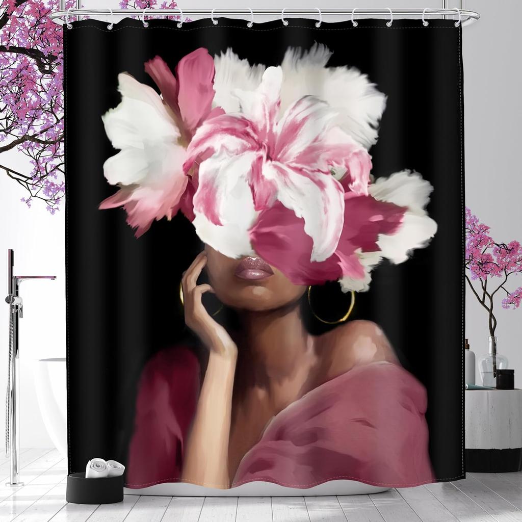 MESHELLY Black Girl Shower Curtain - Gray & Pink Peony, Motivational Quotes, Butterfly Design, Bath Decor