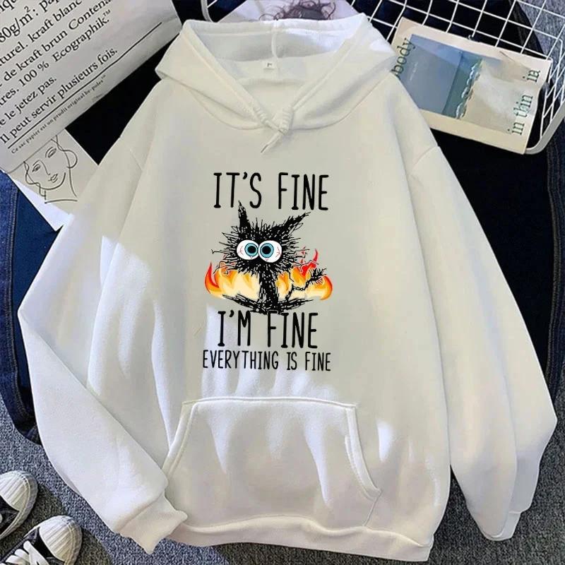 2025 Hot Cat Its Fine Im Fine Everything Is Fine Printed Women And Men Hoodies Loose Pullover Hooded