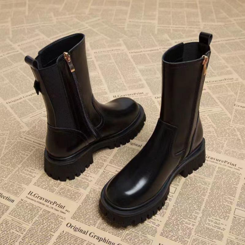 Fashion Women's Half High Boots Round Toe Chelsea Ladies Mid Calf Shoes Middle Heel Brown Footwear Spring Autumn Sale Gothic Demi-season