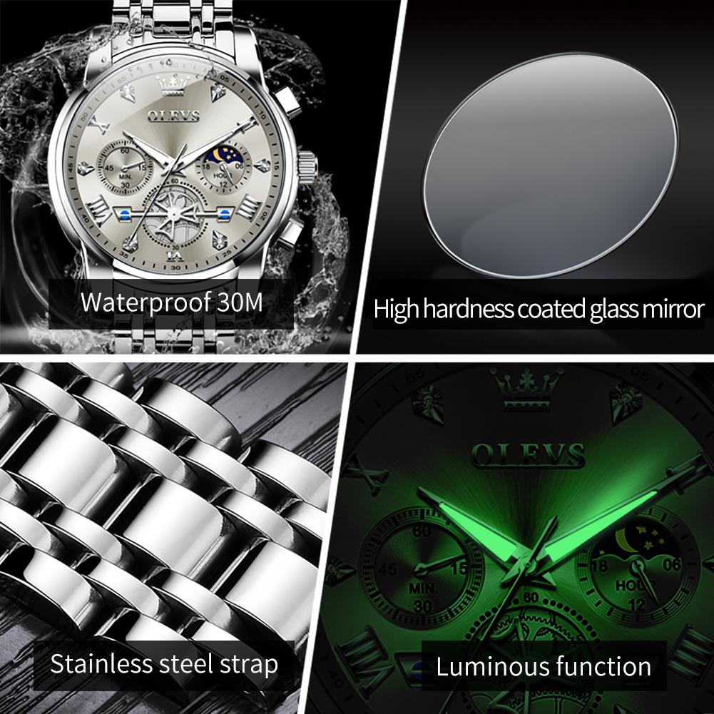 OLEVS Brand New Men's Steel Band Watch Multi Functional Business Fashion Waterproof 2856