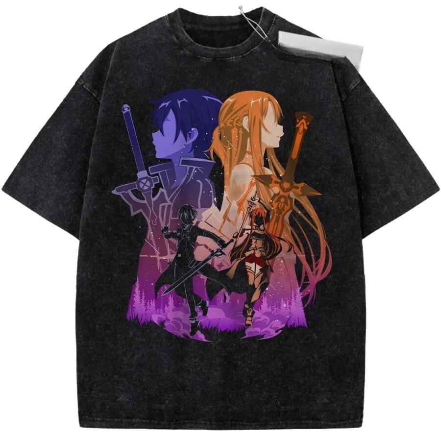 

Sword Art Online Kirito & Asuna Dual Silhouette Vintage Acid Washed T-Shirt SAO Anime Oversized Black Unisex Streetwear T-shirt L