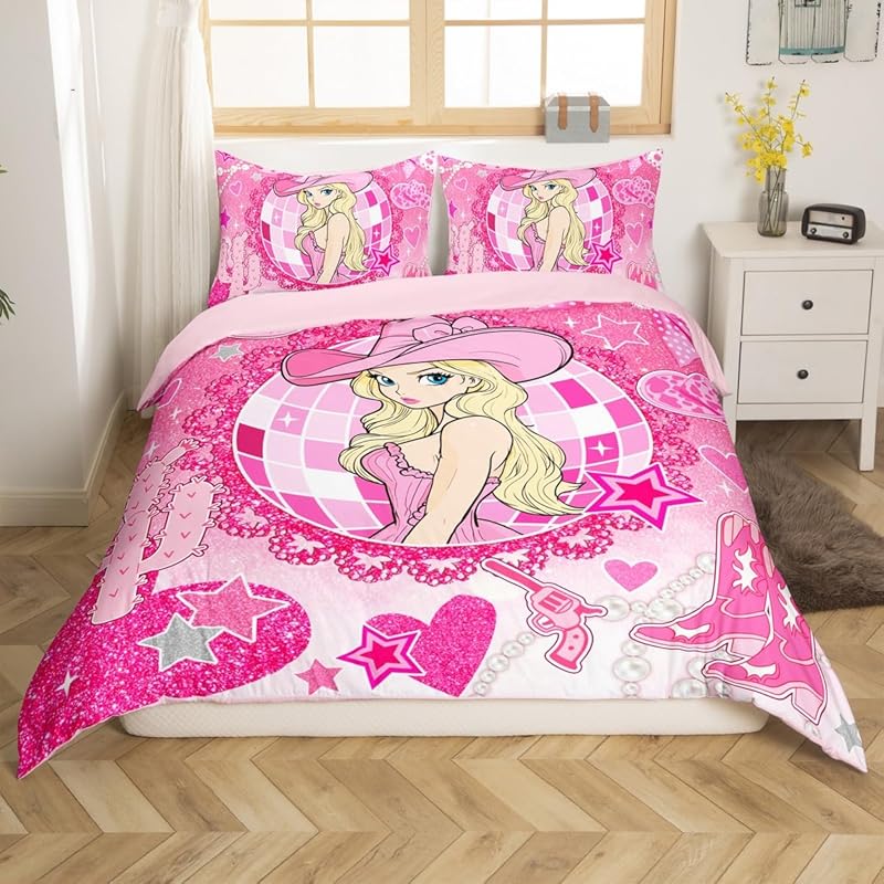 Cartoon pink bow princess bedding set, girls' bedroom decoration pink and white duvet cover, 2 pillowcases