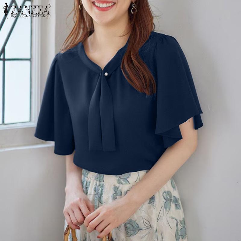 ZANZEA Women Casual V-Neck Loose Ruffles Short Sleeve Blouse
