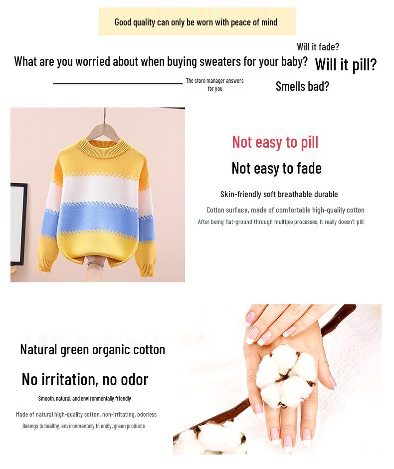 Boy's Round Neck Knit Sweater - Pure Cotton, Fleece-Lined for Autumn/Winter