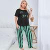 2024 Russian Women's Plus Size Pajamas Set: Watermark Top & Striped Long Pants