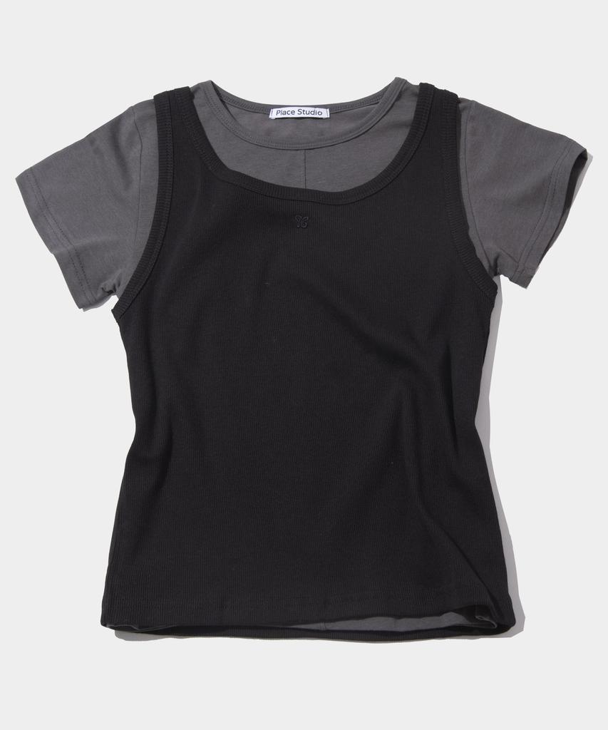 PLACE STUDIO Pintuck Cut-Out Logo Embroidery Sleeveless Set Short Sleeve T-Shirt_ 3 Colors