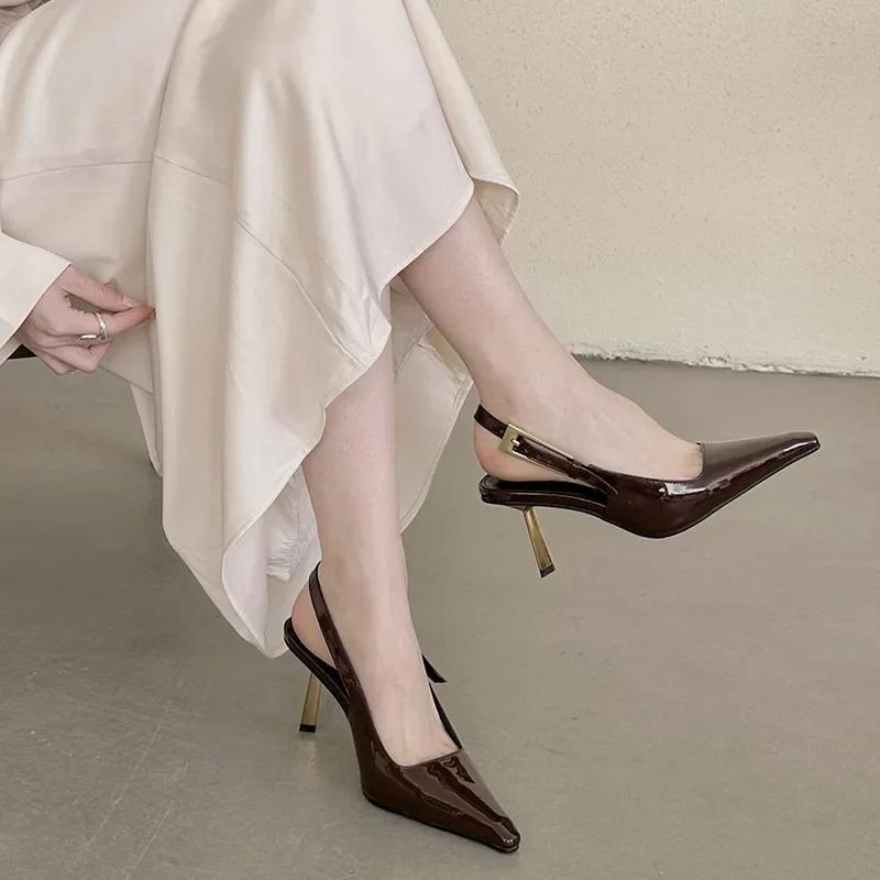 Temperament Patent Leather Square Head Thin High Heels Sandals for Women Pumps Luxury Buckle Back Strap Office & Career Shoe