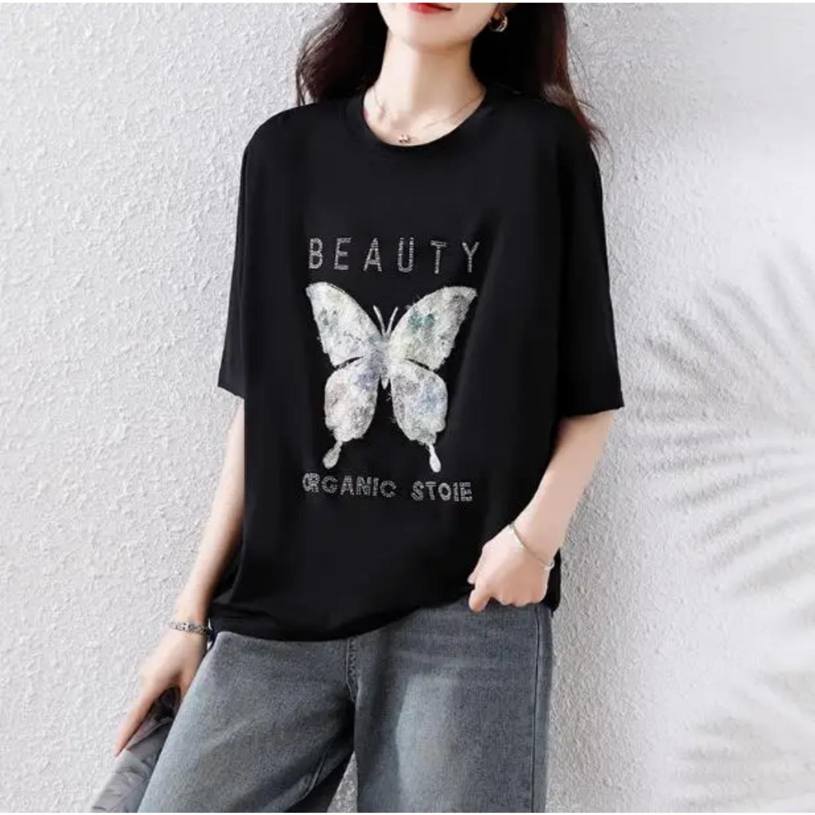 

casual loose women black t shirts embroidery butterfly tops XXXXXL чорний