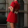 Women Casual Sexy Bow Backless Hollow Out A-line Mini Dress Short Sleeve Fashion Pad Shoulder Evening Party Dresses