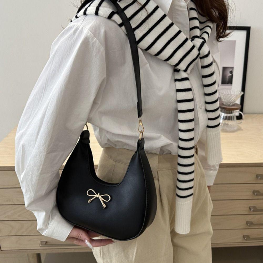 Casual Korean Style Bow Shoulder Bag PU Leather Handbag Crescent Bag All-match Pure Color Crossbody Bag Girls