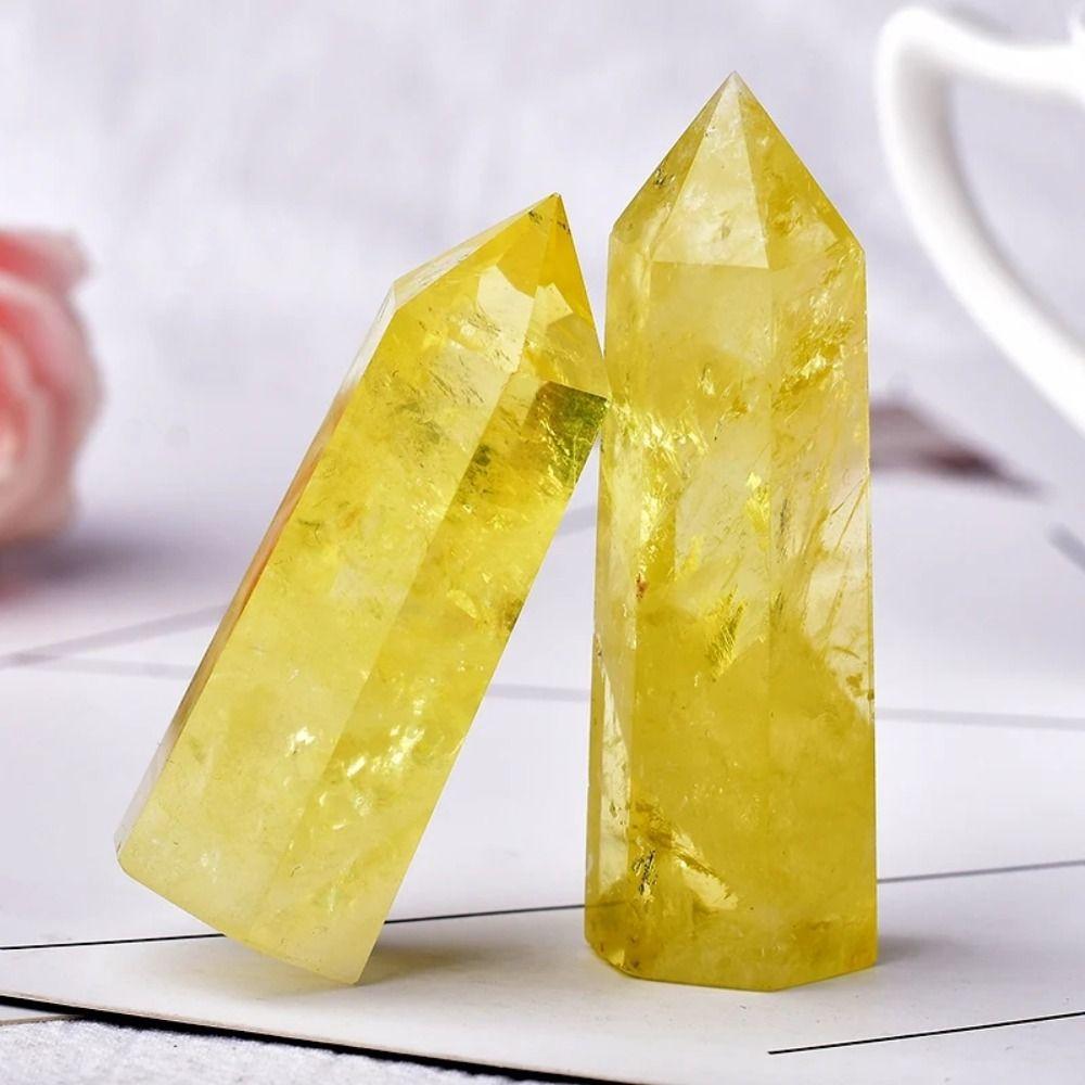 Beautiful Natural Crystal Unique Hexagonal Wand Column Home Decor Yellow Gem Office