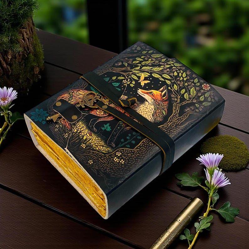 Fox Grimoire Leather Journal with Key – Handmade deckle page journal for women