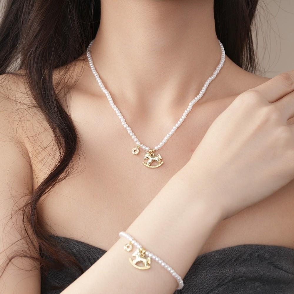 Pearl Zircon Horse Pendant Necklace Fashion Jewelry Trojans Earrings Cute Drop Earrings  For Girl