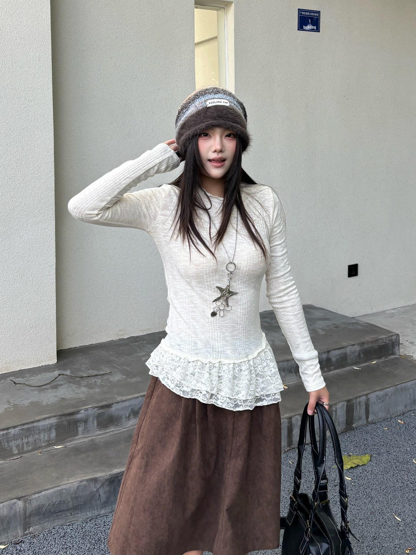 Women s Gentle Sweet Style Slim-Fit Solid Color Lace Ruffle Top Medium абрикосовый