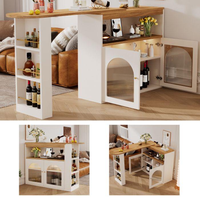 Moderní barový stůl - Rozkládací a otočný - LED 1m - Bílý - 360 stupňů