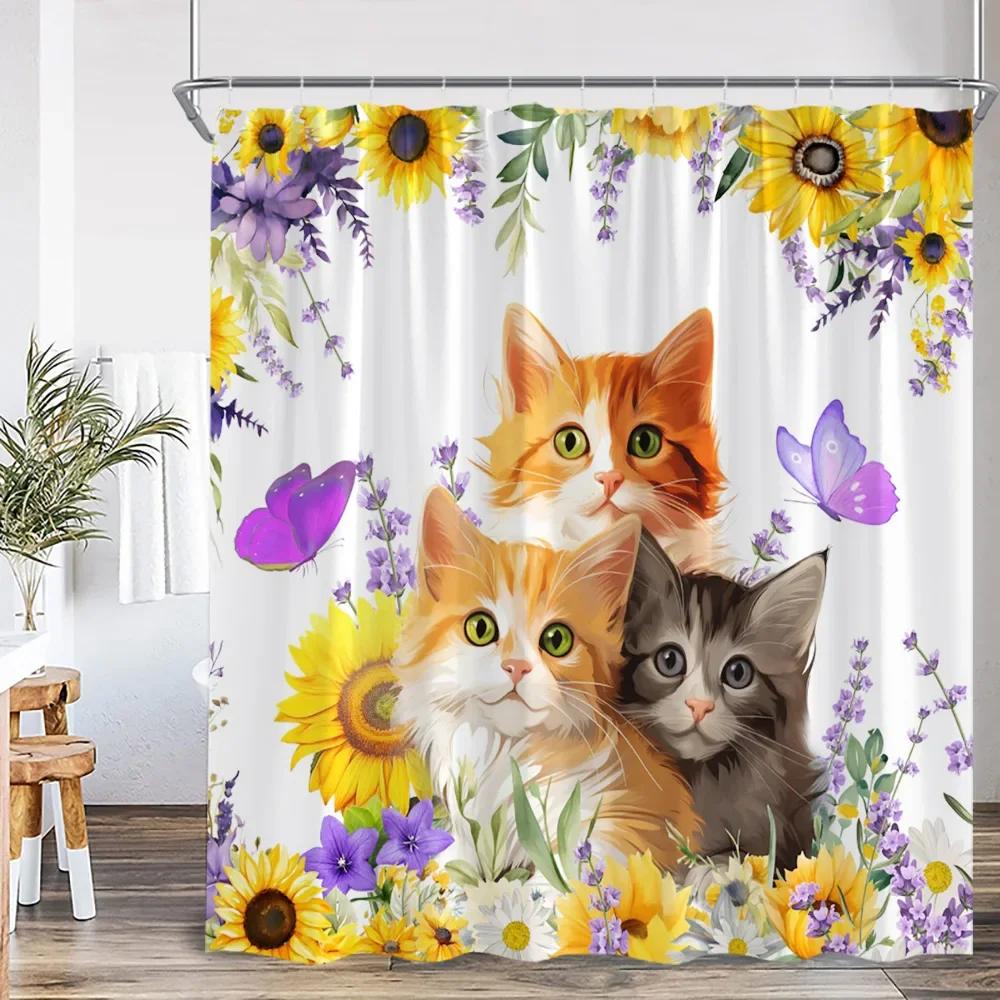 Cute Cat Shower Curtain Flower Cartoon Animal Sunflower Plant Floral Bathroom Home Decor Modern Polyester Bath Curtain with Hook