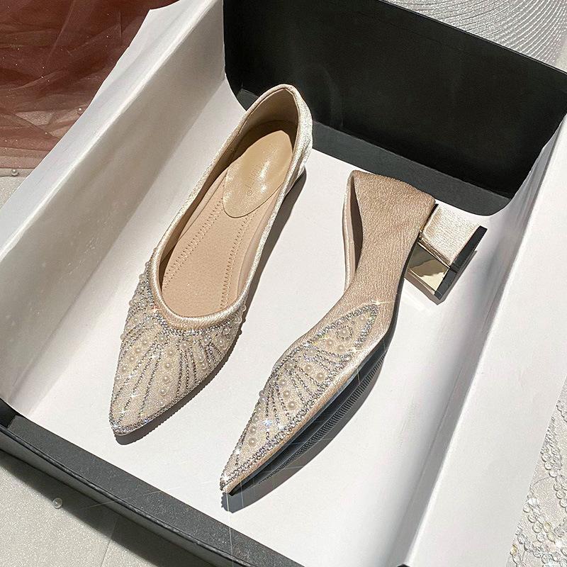 French high-heeled rhinestone pearl work shoes soft-soled women's shoes 2025 spring pointed single shoes women's evening breeze gentle shoes