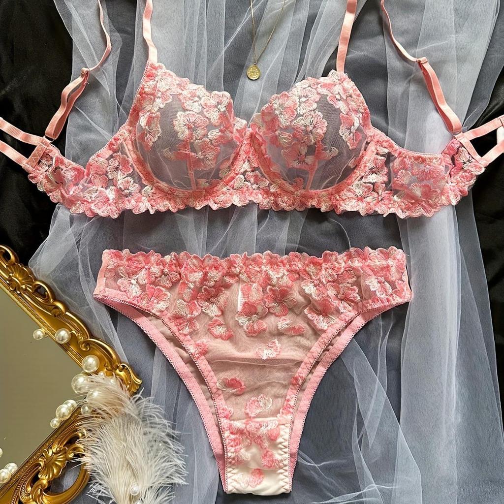 Conjunto de Lingerie Sexy Transparente Multicolorido Bordado Floral Francês Kajano para Mulheres - Coleção Outono