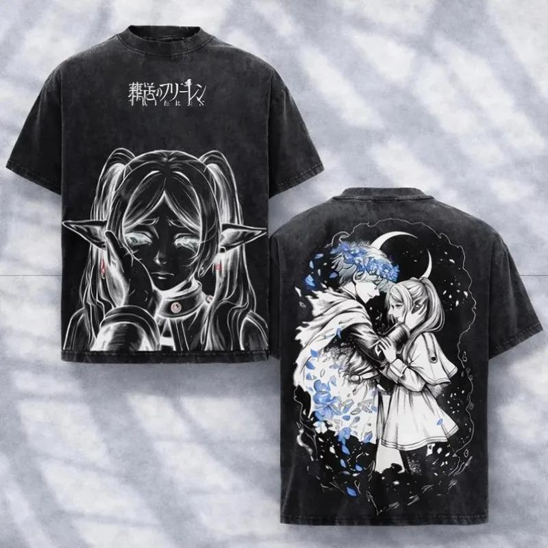 Frieren: Beyond Journey s End Elf Protagonist Moon Scene Vintage Washed Oversized Anime Streetwear Women And Men T-Shirt L