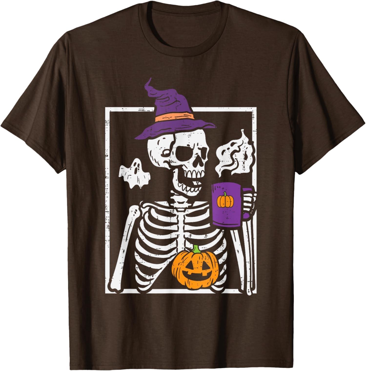 Halloween Skeleton Pumpkin Coffee Funny Costume Unisex T-Shirt S