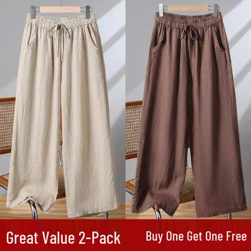Women's Casual Wide-Leg Cotton Linen Pants - Summer Thin, Loose Fit, Nine-Point Length, Slim and Tall Look