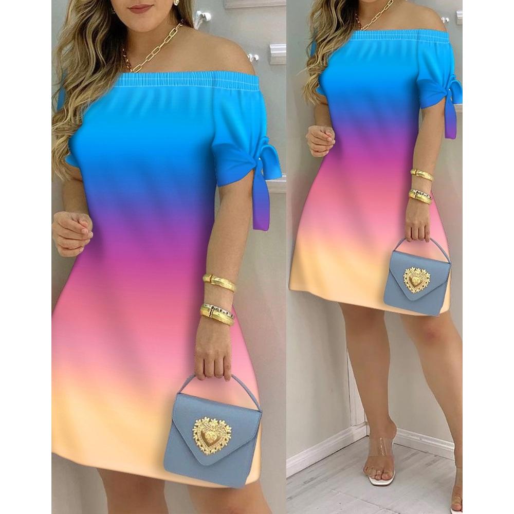 Mini rochie cu umăr dezactivat pentru femei, ocazional de vară, cu mâneci scurte, papion, rochii cu imprimeu în dungi