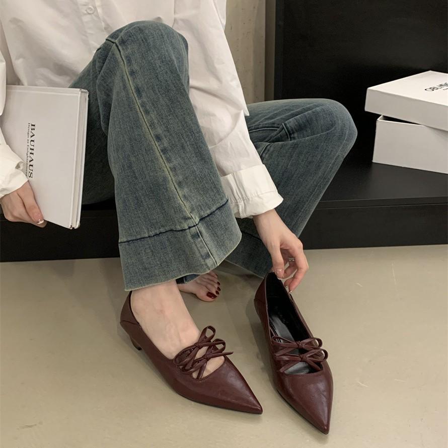 Silver Mary Jane shoes light mouth lace-up bow spring 2025 new soft flat French evening single shoes women's shoes