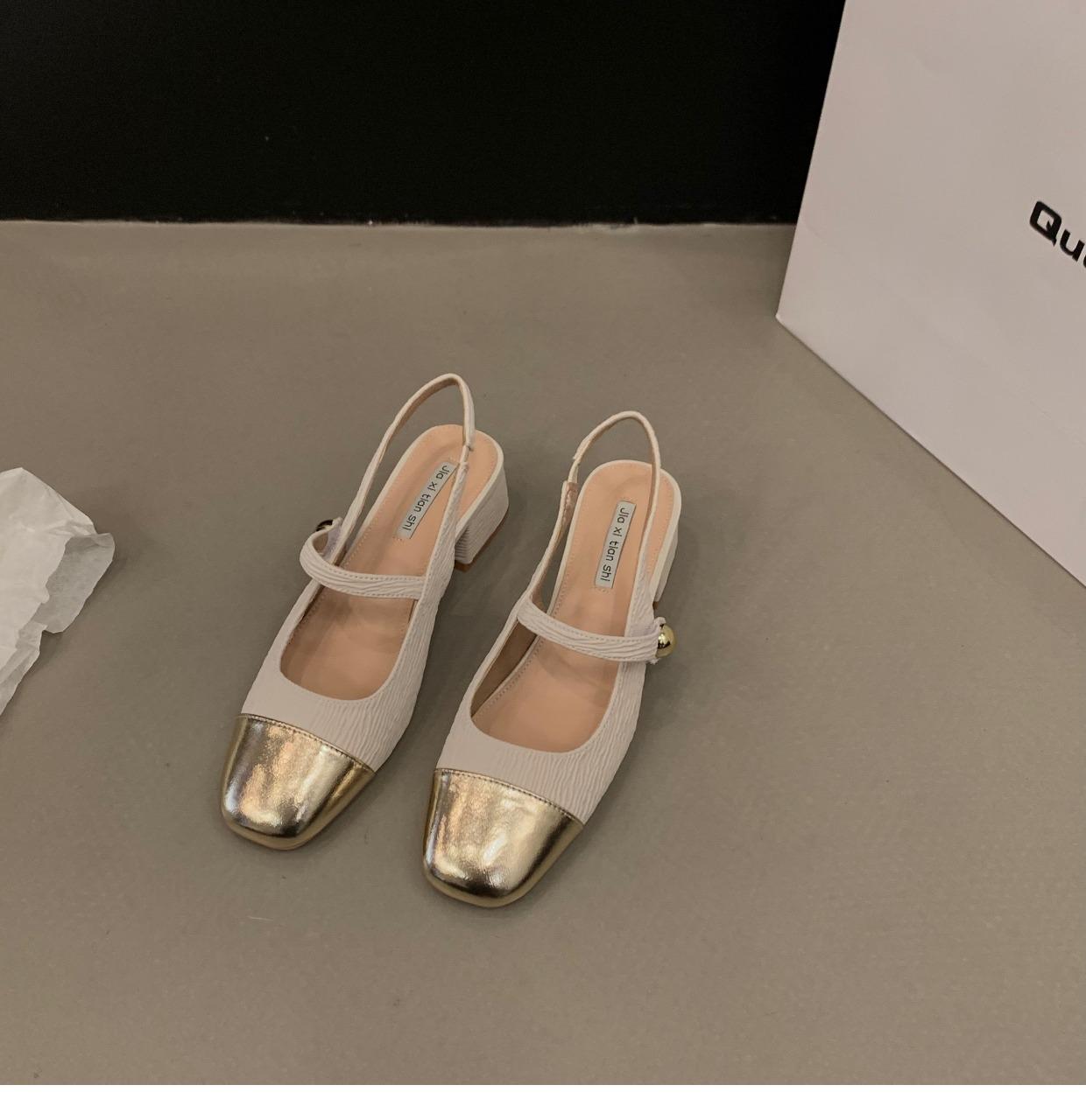 

French Xiaoxiangfeng high-heeled bag-headed sandals 2025 new summer Mary Jane gold square-headed thick-heeled shoes 35