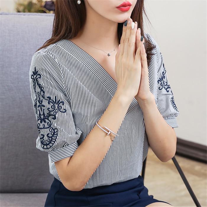 SURWENYUE Camicette estive in chiffon Camicie Top a righe moda Ricamo Manica corta Abbigliamento donna