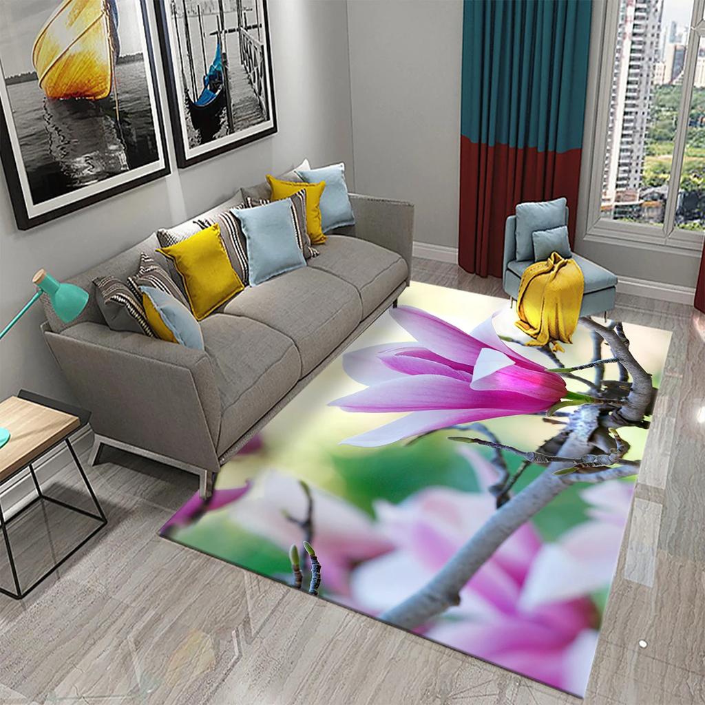 Magnolienblüten Teppich Rosa und Weiß Blumenteppiche Fußmatten Schlafzimmerdeko Bodenteppiche für Badezimmer Küche Eingang Rutschfester Teppich