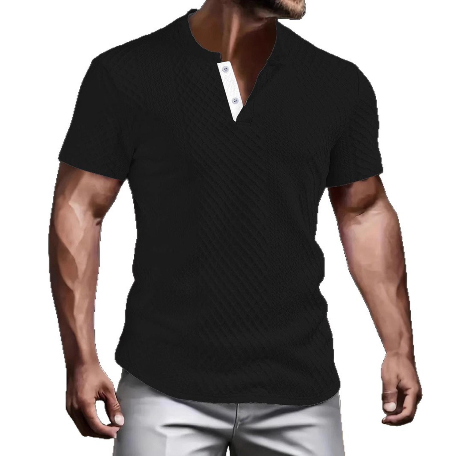 

Мужская летняя повседневная однотонная тканевая футболка с круглым вырезом, открытой трубкой и пуговицами, с коротким рукавом M чёрный