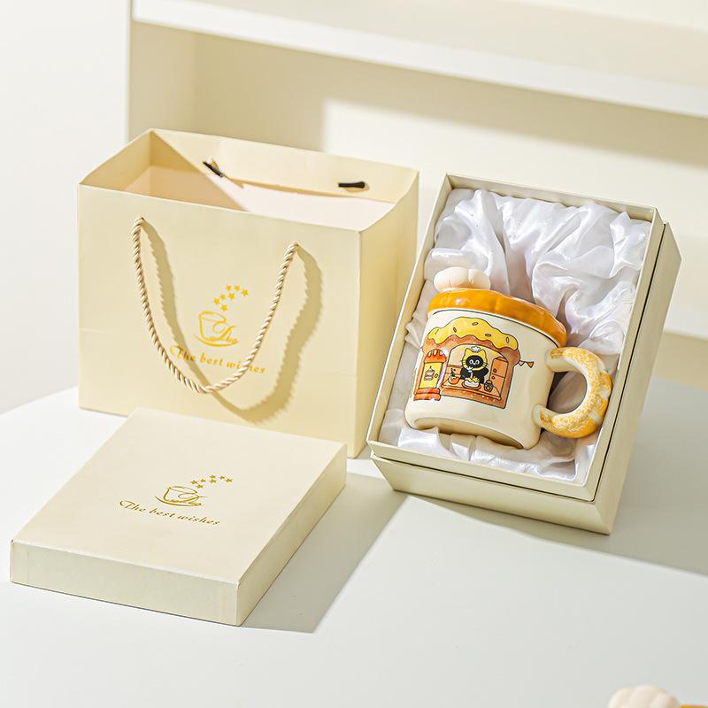 Korean Creative Bread Mug Cartoon Cat Ceramic Cup with Lid Household Water Cup Birthday Gift Souvenir