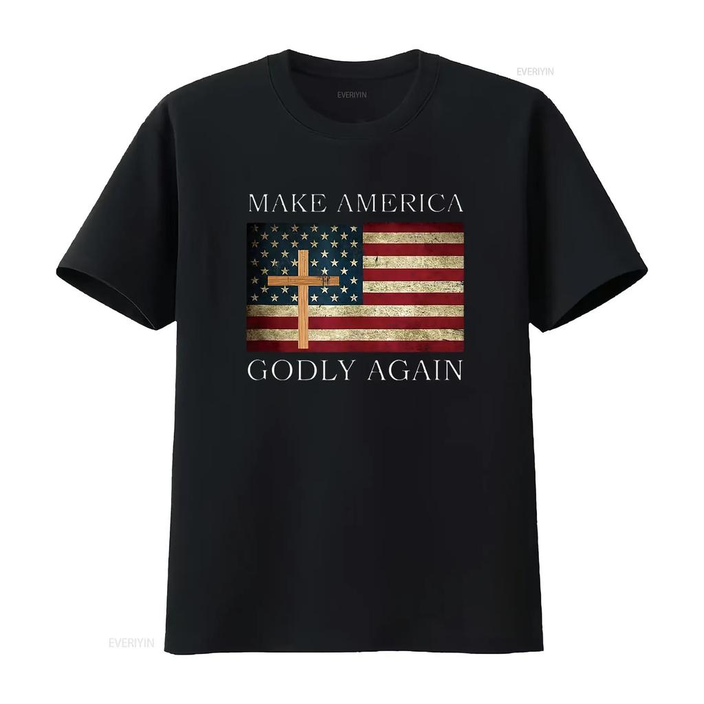 Make America Godly Again American Flag Cross Jesus T Shirt vintage Washed fashion streetwear Slightly homme Breathable