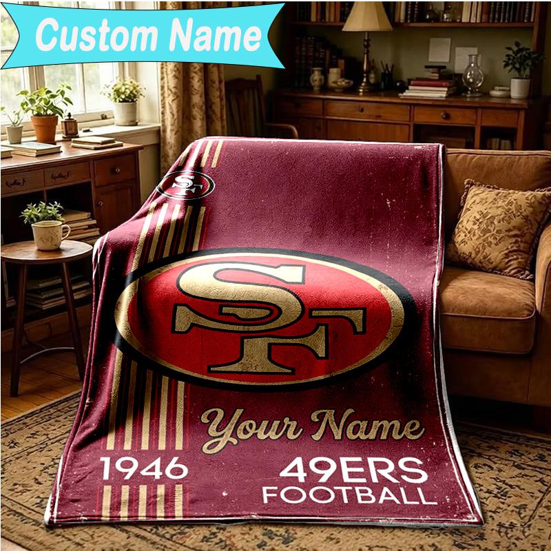 1PC Custom Name Blanket San Francisco Football Flannel Blankets Patterns Throw Blanket All-Season Soft Gift for Couch, Bed, Camping, Birthday Gifts