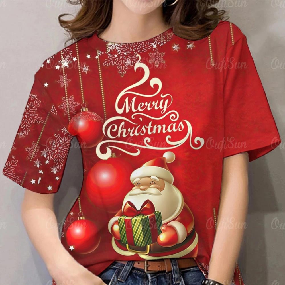 Women's Christmas T-Shirt 2026 - Tree & Santa Design, 3D Printed Full Sublimation
