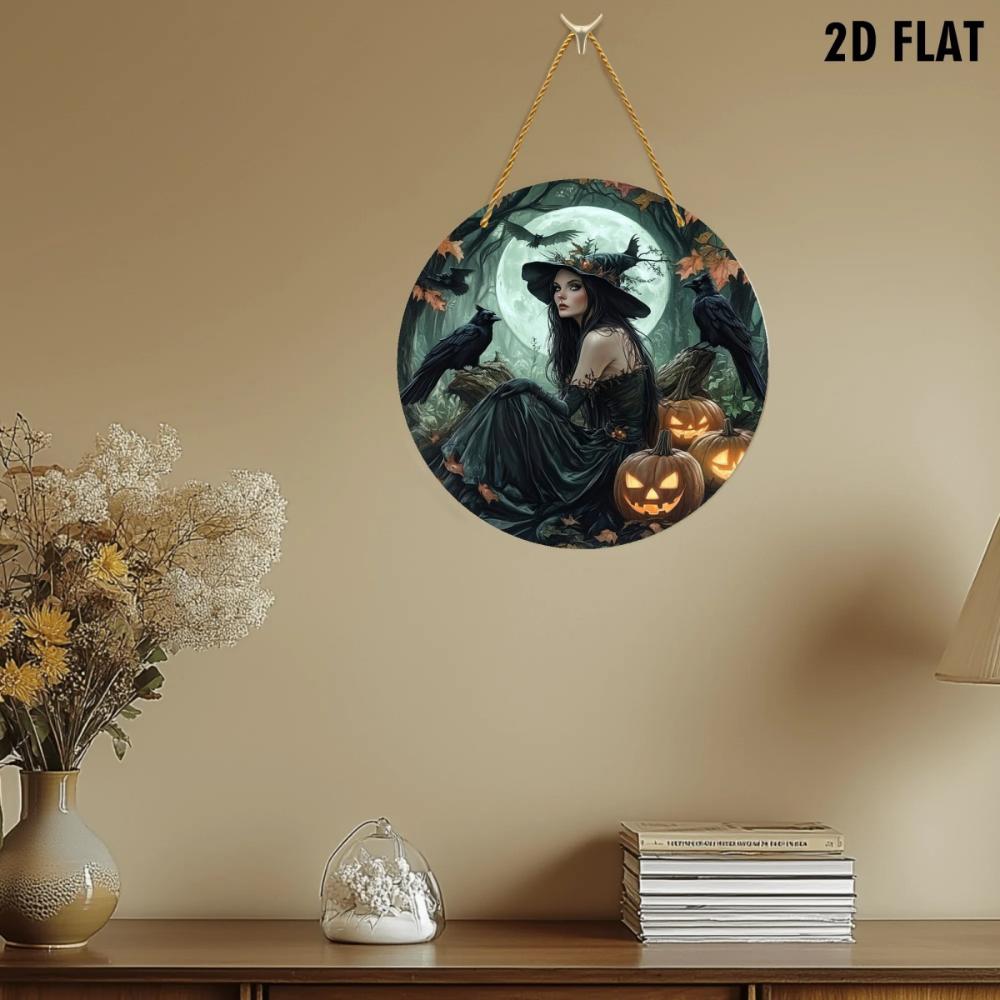 2D Flat Acrylic Vintage Witch Halloween Wall Decor - Window Pendant with Raven and Pumpkin Design, Home Garden Party Decor, for Halloween Christmas