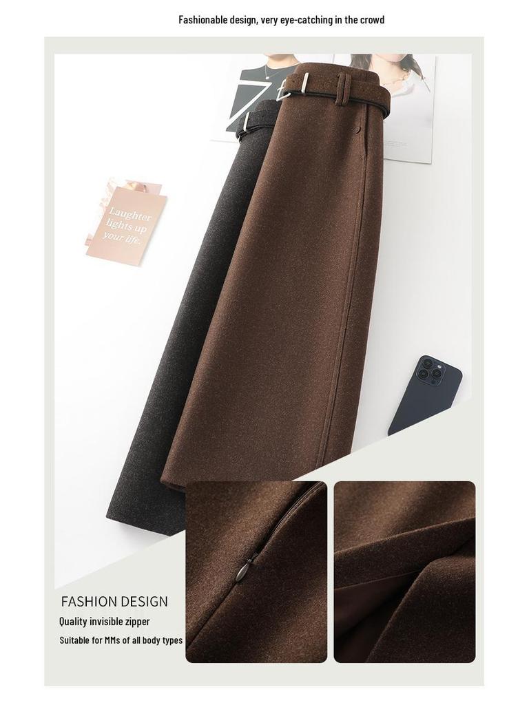 Elegant Woolen Coffee Midi Skirt - Women's Autumn/Winter 2025, Thickened Professional Design, Versatile Style
