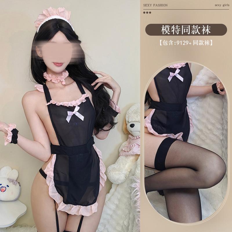 Sexy lingerie sexy cute mesh see-through maid outfit with apron Japanese one-piece maid uniform suit