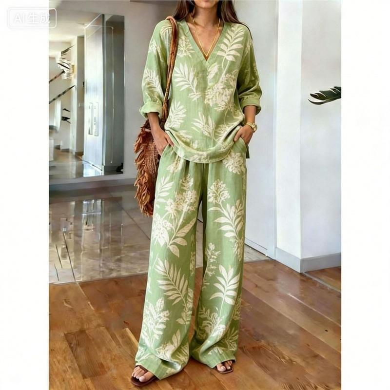 Gentle Temperament Printed Top Set, Classic Bohemian Pattern, Loose Wide-leg Pants for Summer Casual Wear