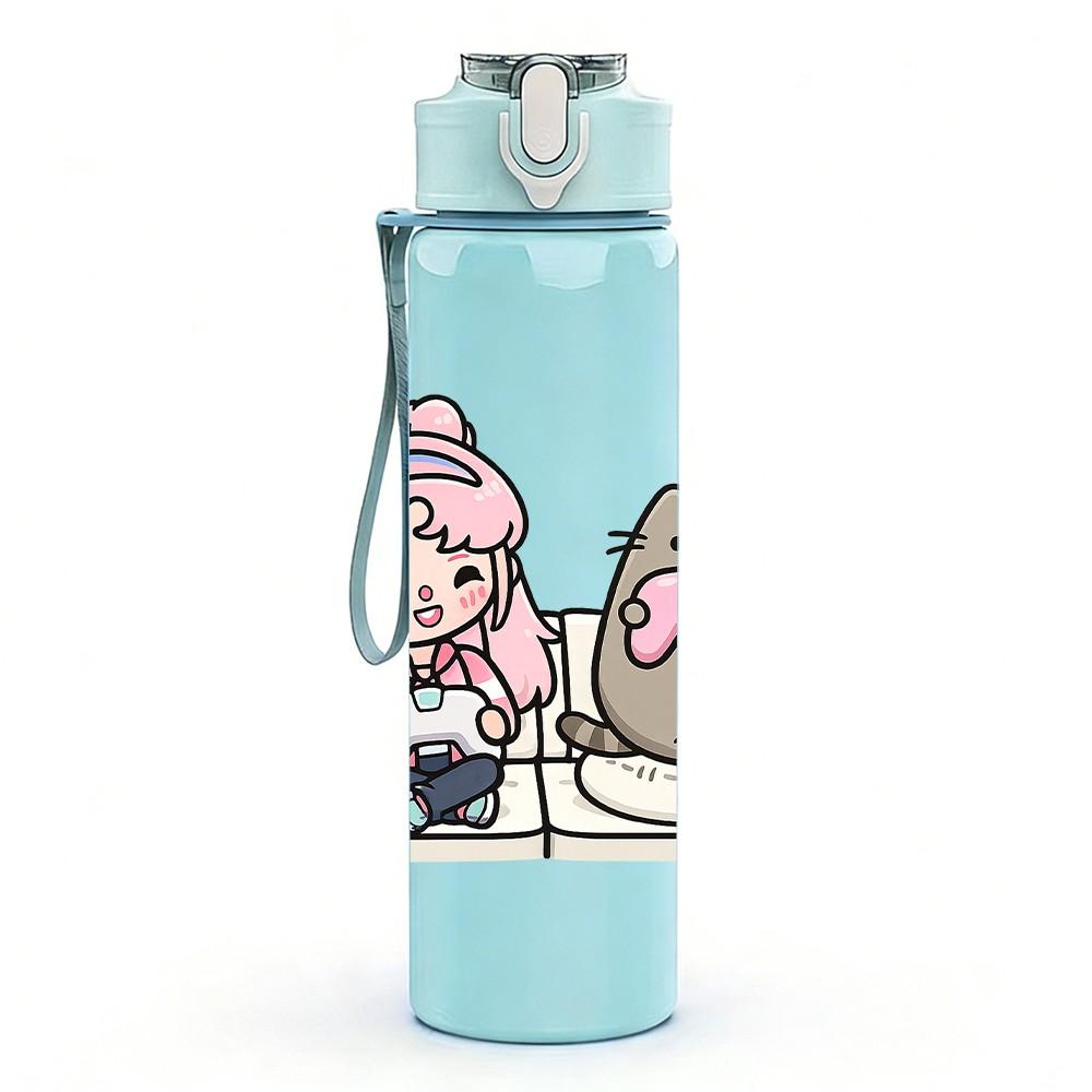 1PC Chubby Cat Girl Cartoon 750ml Color Plastic Sports Water Bottle Leakproof Flip Straw Lid Suitable for Sports Office Home Use