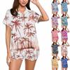 Women's Ice Silk Pajamas Button Homewear Hawaiian Print Short Sleeve Satin Pajama Set