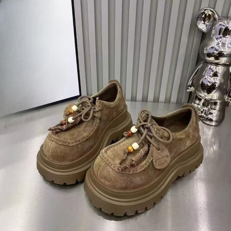 Fashion Platform Single Shoes Autumn New Suede Round Toe Lace-Up Front Non-Slip Wear-Resistant Mid-Heel Low-Top Shoes