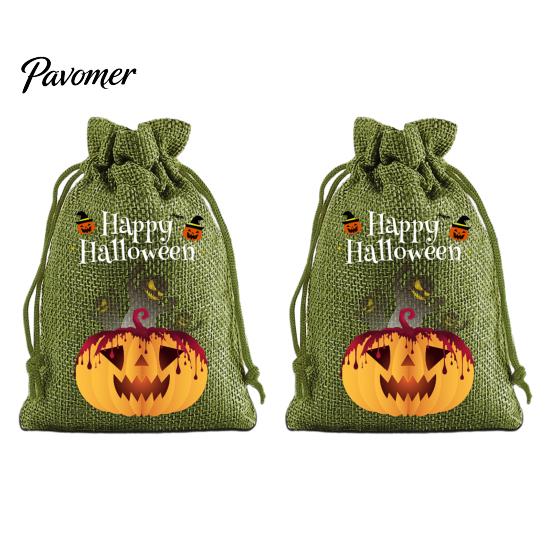 Trick or Treat Party Souvenirs 2Pcs Halloween Pumpkin Drawstring Bags for Candy Treats, Retro Burlap Rustic Linen Goodie Bags, Portable Kids
