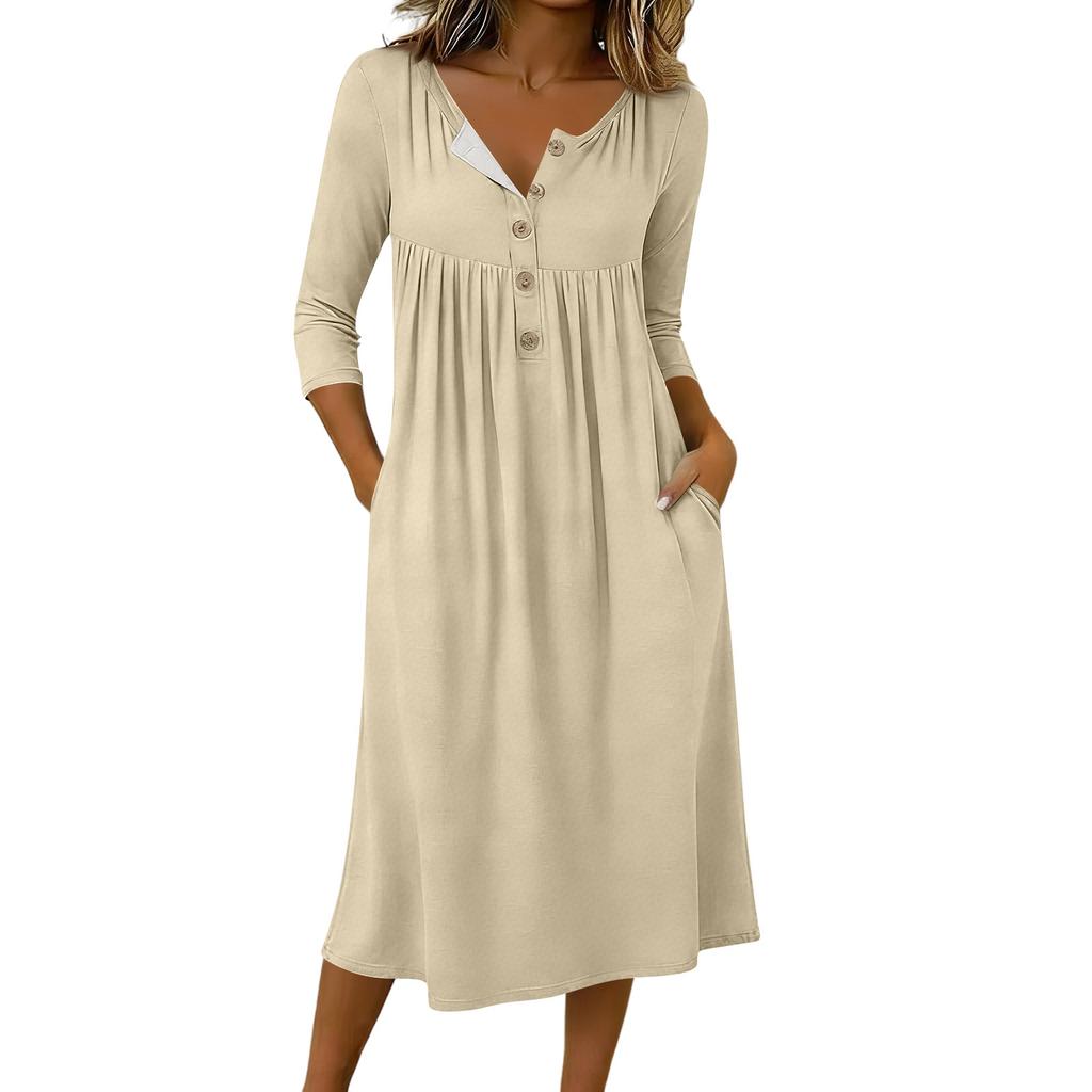 Damen Lässiges Midikleid mit 3/4 Ärmeln und Knöpfen